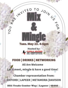 Flyer for a Mix & Mingle event hosted by Kapala Heating and Air Conditioning on Tues. May 23 4-6pm. Food, Drinks, & Networking. All are welcome. Let's meet, mingle, & have a good time! Chamber of Commerce representation from Oxford, Lapeer, Metamora, & Davison. Located at 3511 Trade Center Way, Lapeer, MI 48446